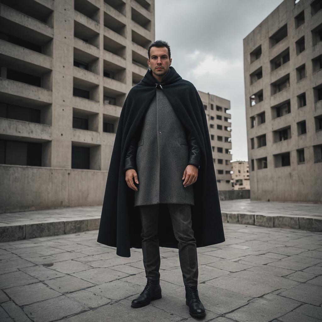 Confident Man in Stylish Cape in Urban Setting