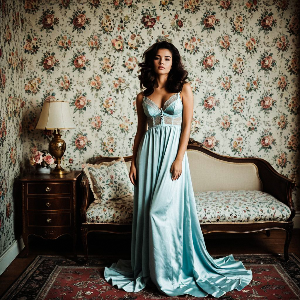 Elegant Woman in Blue Satin Gown in Vintage Room