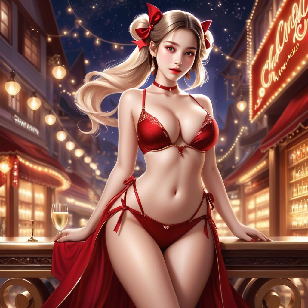 Beautiful Woman in Red Lingerie on Romantic Night Street - Digital Anime Art