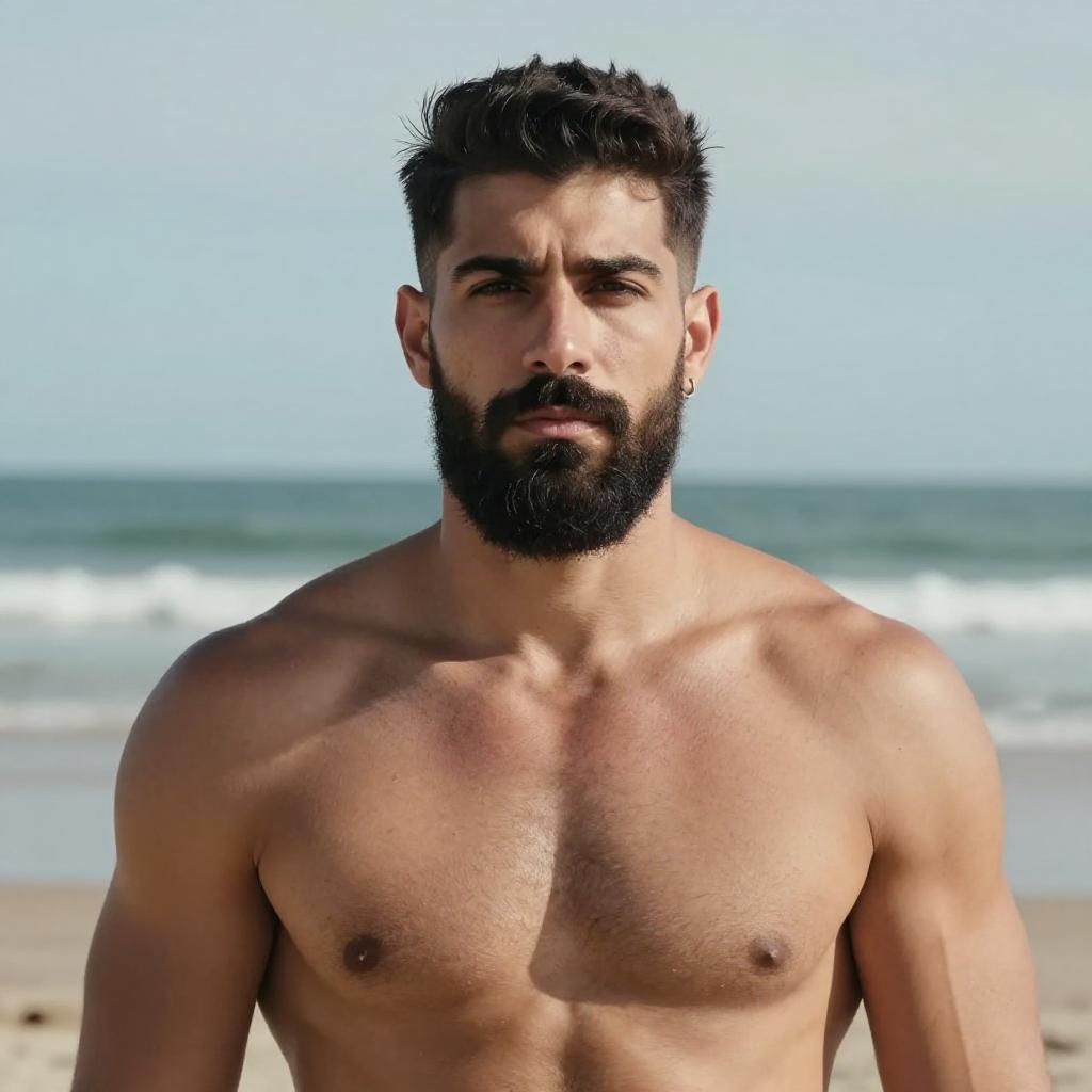Bearded Muscular Man Standing Shirtless on the Beach