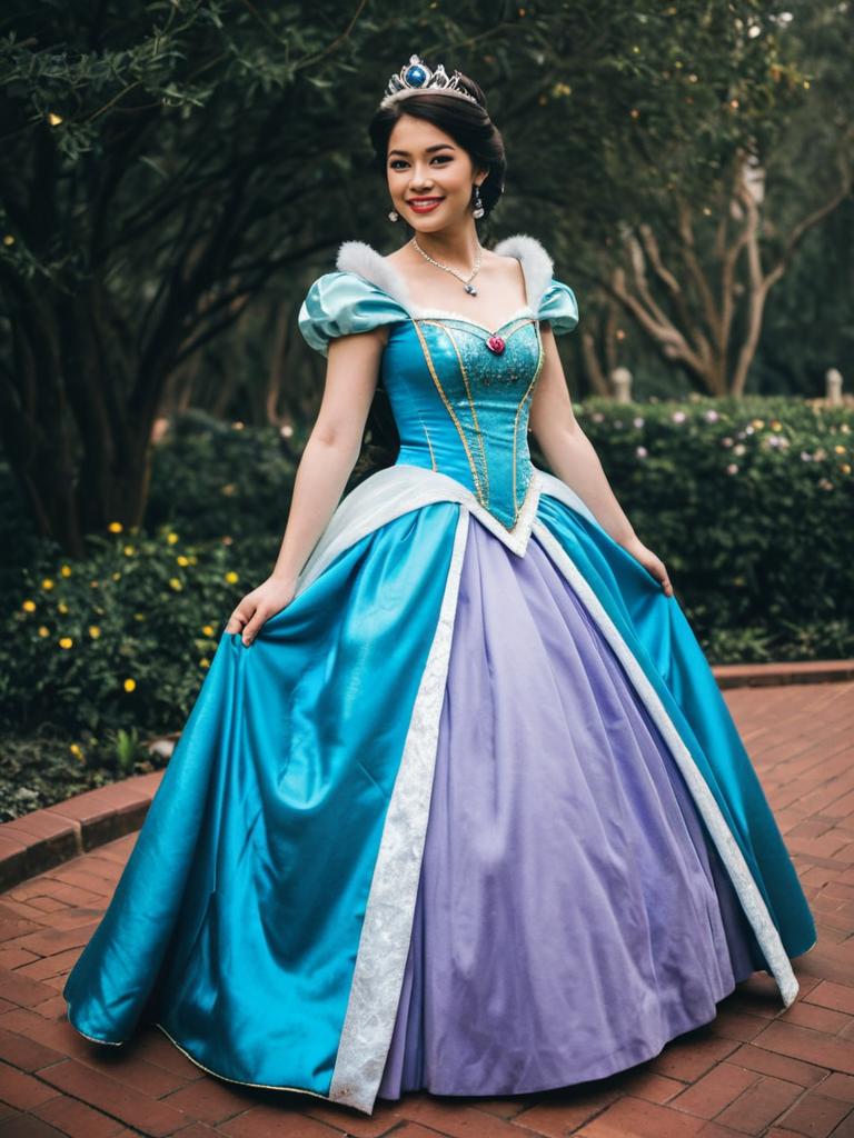 Woman in Disney Princess Costume Full Body Cosplay Photo with Gown