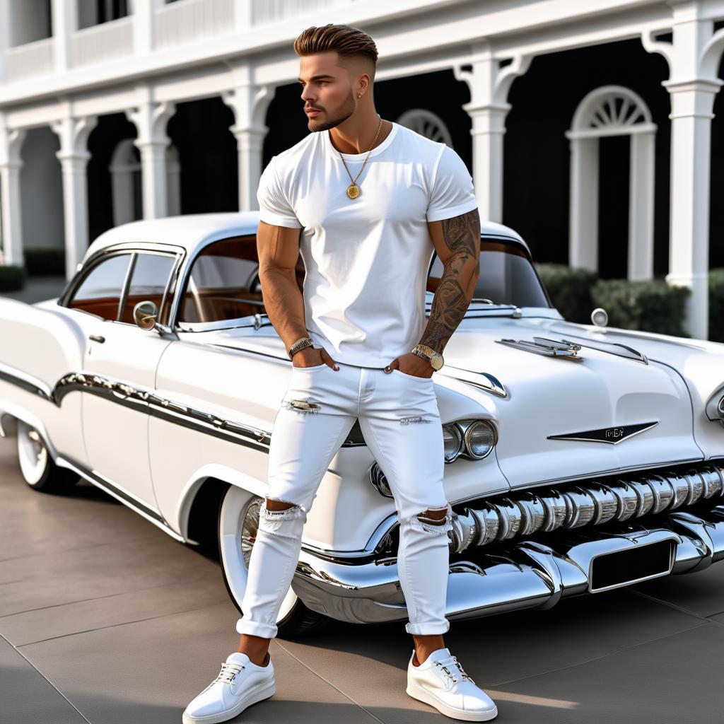 Stylish Man with Classic White Car