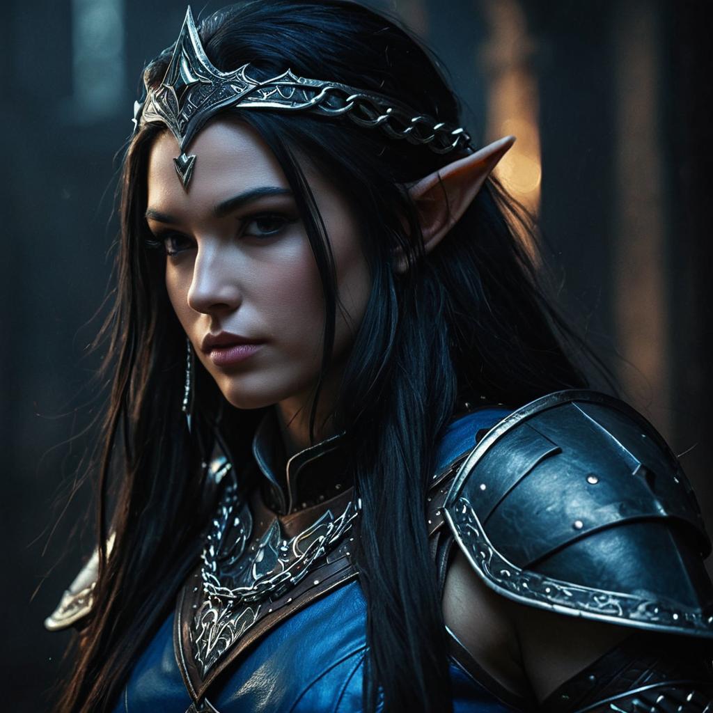 Fantasy Elf Woman Warrior in Silver Armor Close-up