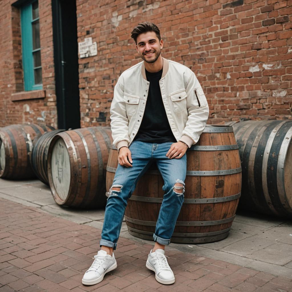 Stylish man in white jacket and ripped jeans