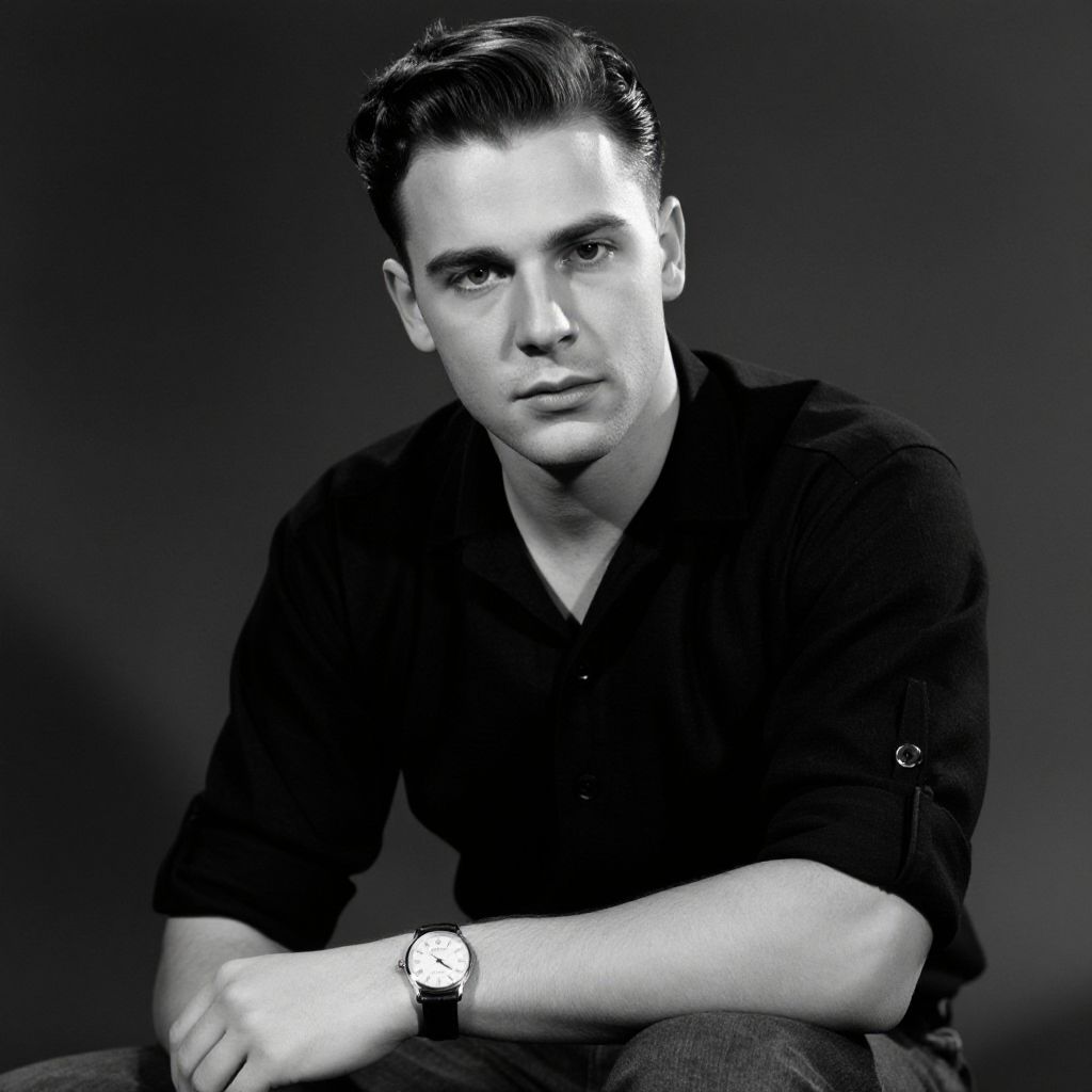 Classic Black and White Portrait of Young Man Wearing Wristwatch