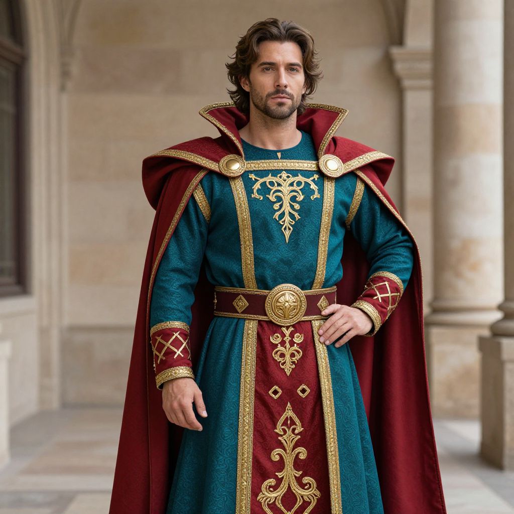 Medieval Nobleman in Ornate Royal Costume with Red Cape