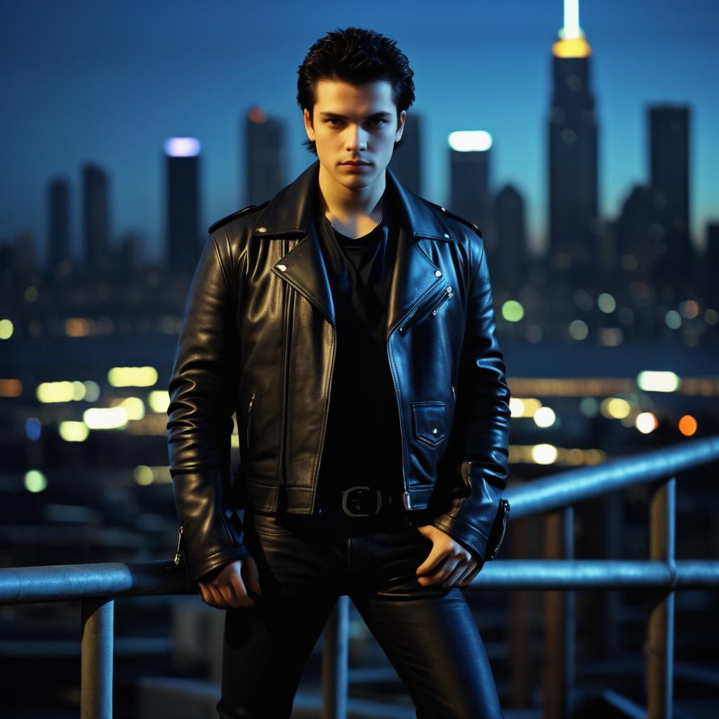 Stylish Young Man in Leather Jacket Against City Skyline