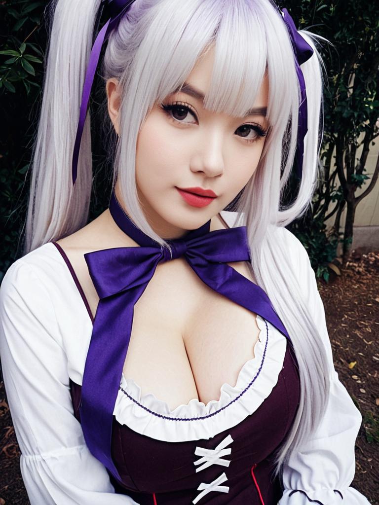 Akizuki Kanna Cosplay Portrait with Silver Hair and Purple Ribbon