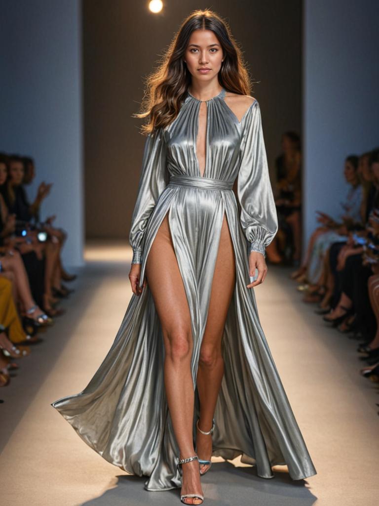 Woman in Shimmering Silver Gown on Runway