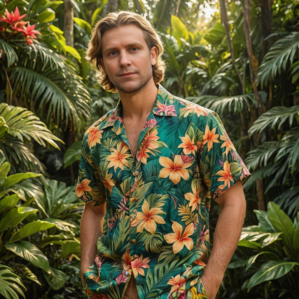 Confident man in floral shirt against tropical backdrop