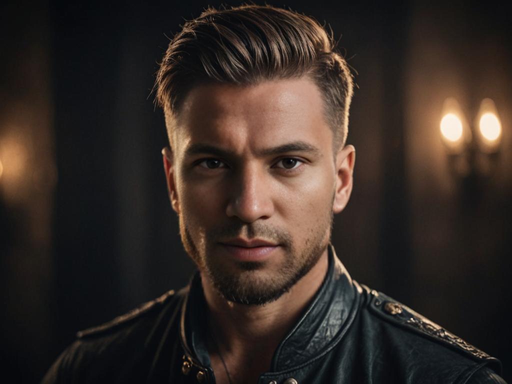 Confident Man with Viking Haircut in Leather Jacket