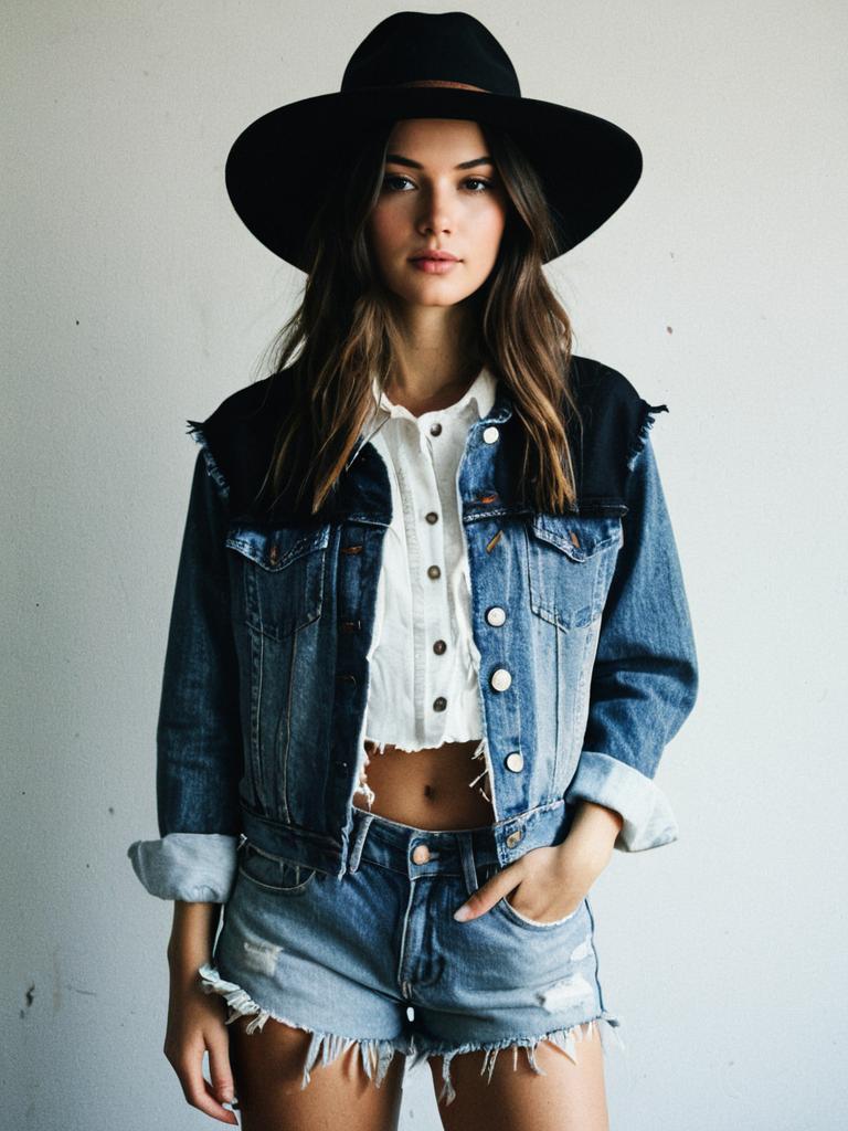 Young Woman in Trendy Denim Jacket and Shorts Wearing Black Hat