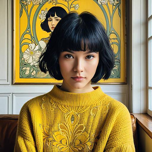 Young Woman in Mustard Yellow Sweater with Art Nouveau Style Portrait