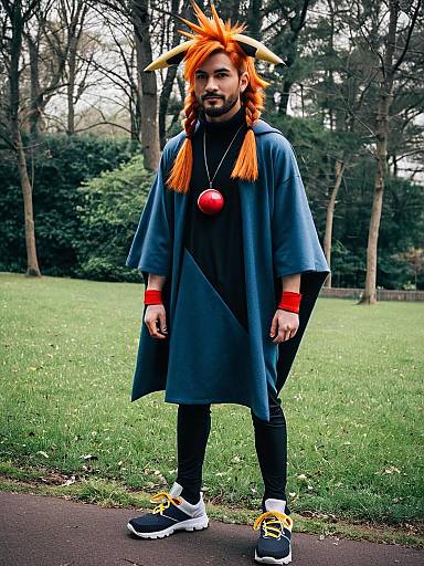 Realistic Alder Pokémon Cosplay Costume with Orange Hair and Blue Cloak