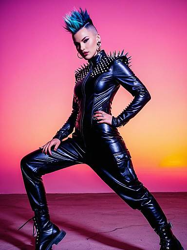 Edgy Punk Woman in Black Leather Spiked Jumpsuit with Blue Mohawk Hairstyle