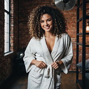 Smiling Woman in White Bathrobe with Curly Hair in Cozy Loft Interior