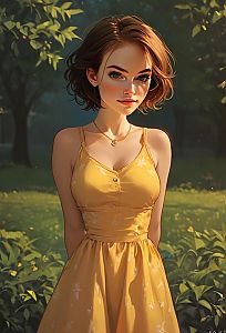 Young Woman in Yellow Dress in Garden
