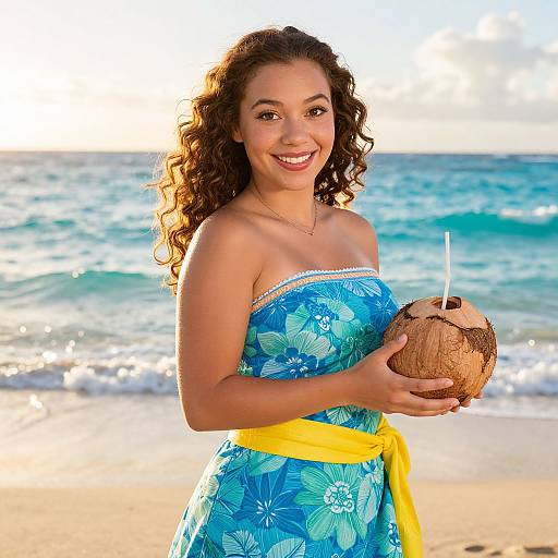 Young Woman Holding Coconut Drink on Tropical Beach in Blue Floral Dress