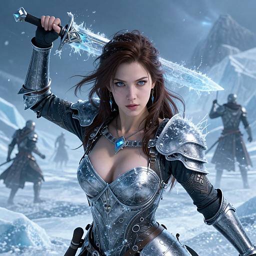 Female Warrior in Silver Armor with Ice Sword on Snowy Battlefield