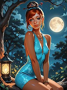 Woman in Blue Dress on Tree Branch at Night