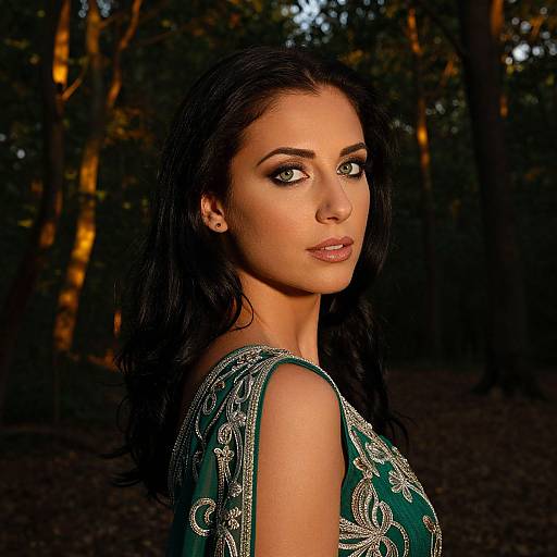 Elegant Woman in Embroidered Green Outfit Forest Portrait