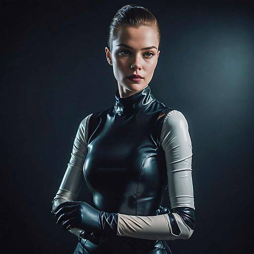 Stylish Woman in Futuristic Black and White Latex Outfit