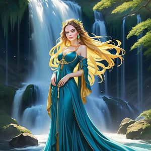 Radiant woman in teal gown by majestic waterfall