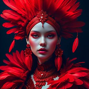 Woman in Red Feathered Headdress - Avant-Garde Fashion