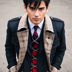 Stylish Young Man in Dark Coat with Plaid Collar