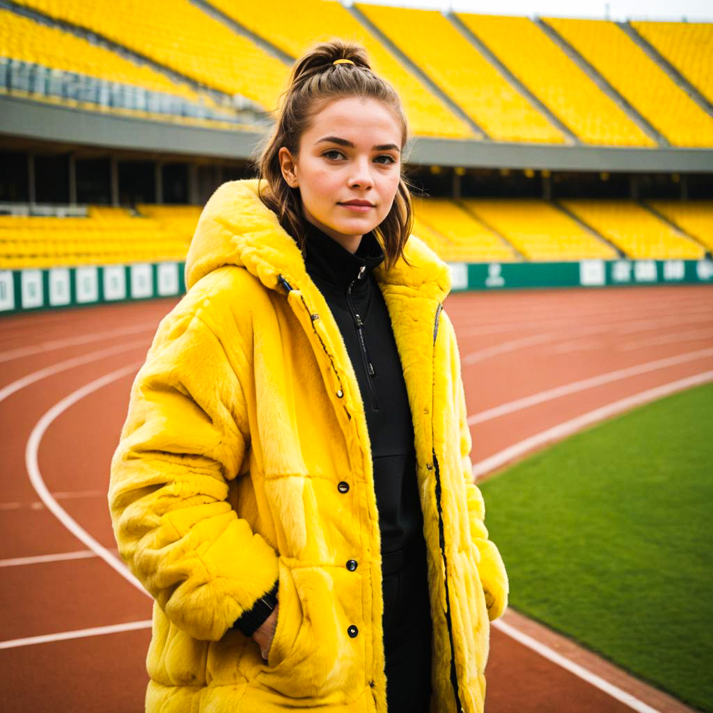 Young Woman in Yellow Coat on Sports Track