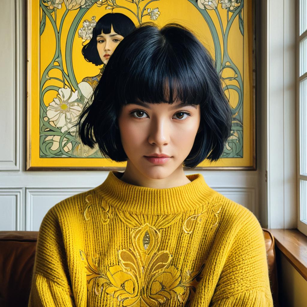 Young Woman in Mustard Yellow Sweater with Art Nouveau Style Portrait