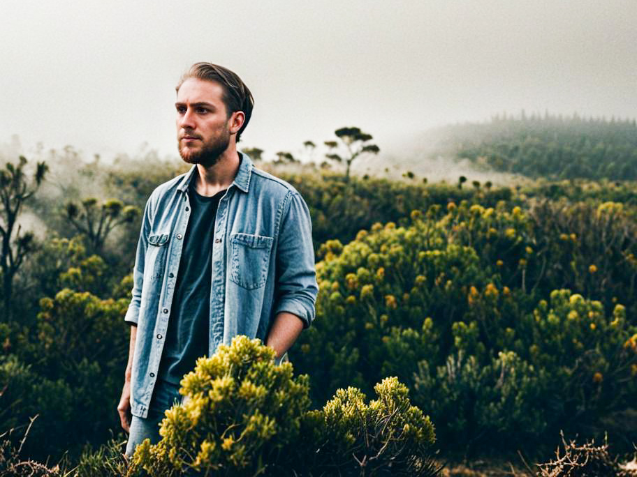 Contemplative Man in Lush Landscape