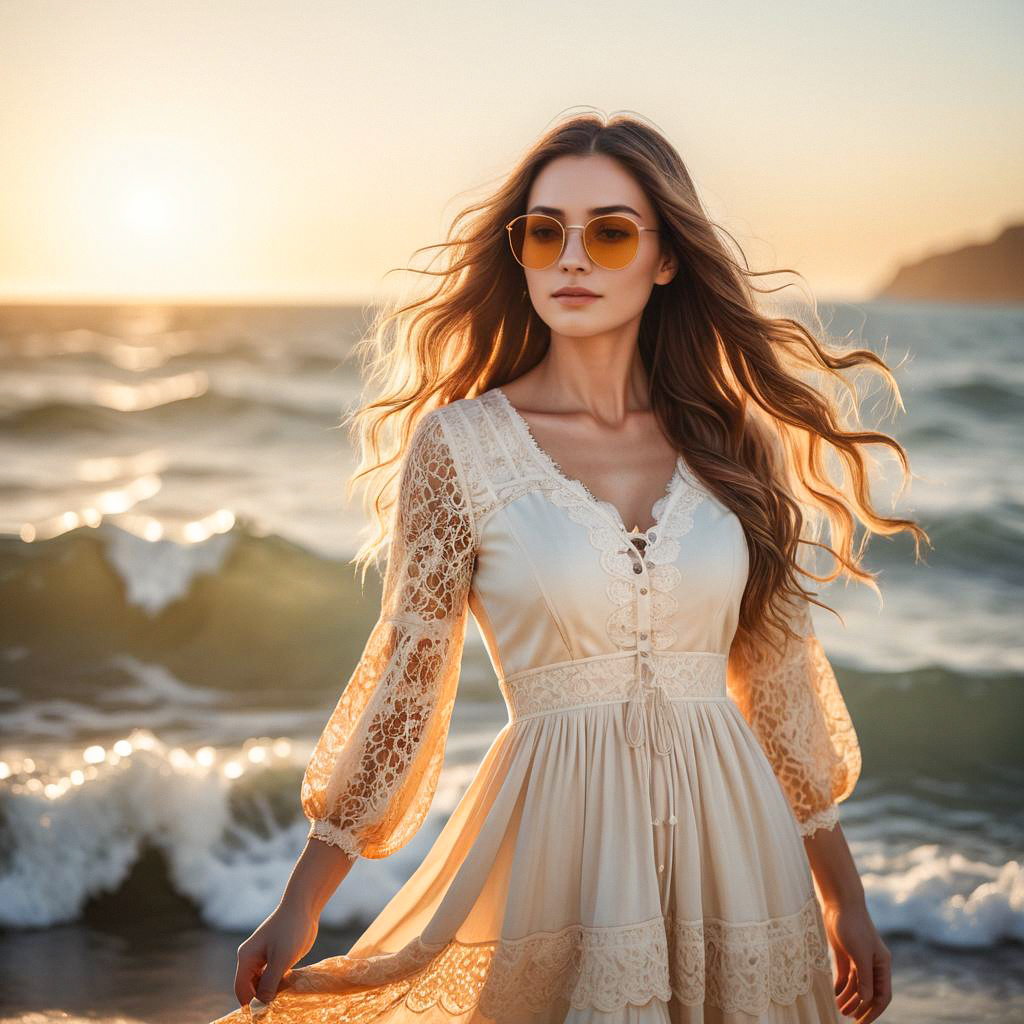 Young Woman in Vintage Lace Dress at Sunset by Ocean