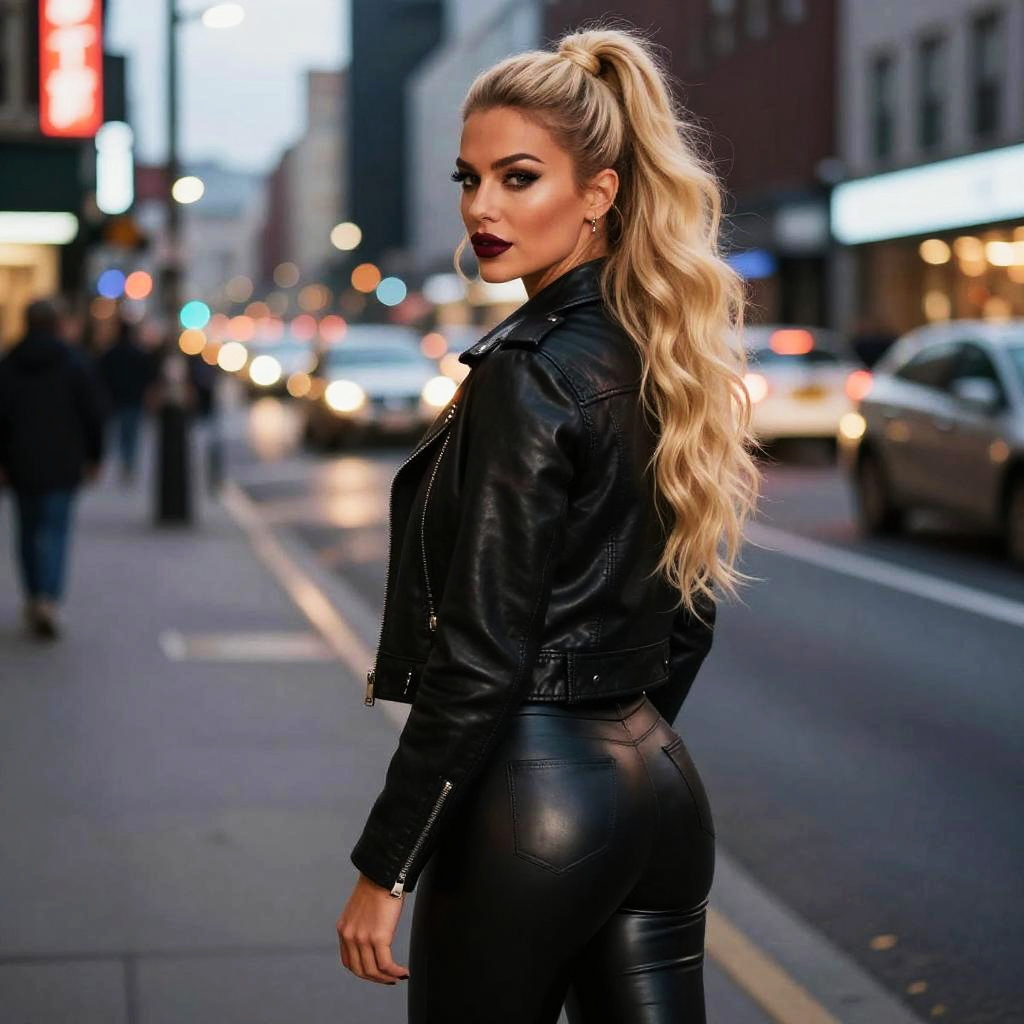 Edgy Woman in Black Leather Outfit on City Street Evening