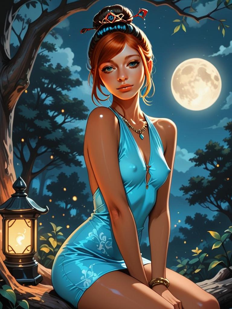 Woman in Blue Dress on Tree Branch at Night Woman in Blue Dress on Tree Branch at Night