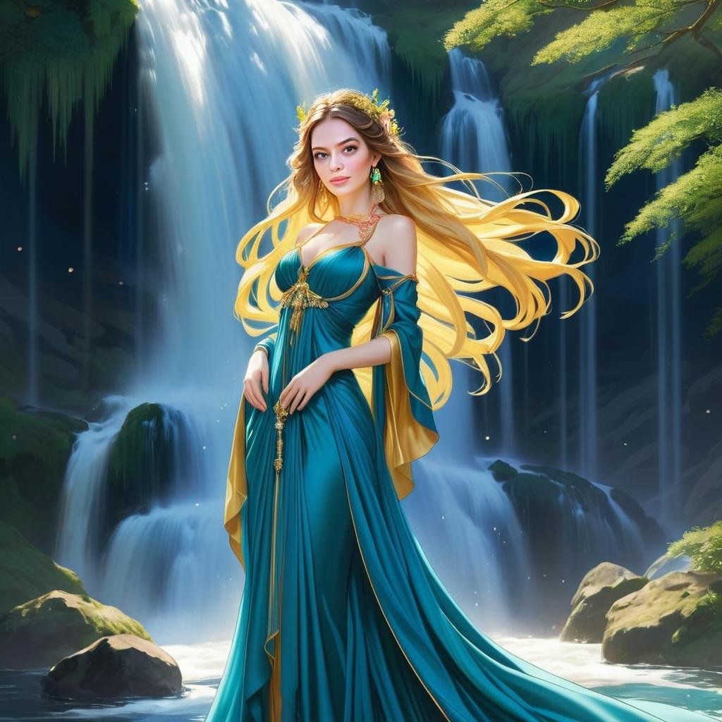 Radiant woman in teal gown by majestic waterfall