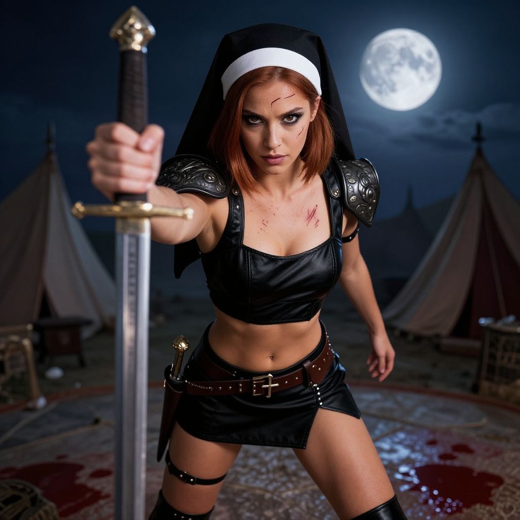 Fierce Woman Warrior in Leather Armor with Sword Under Full Moon