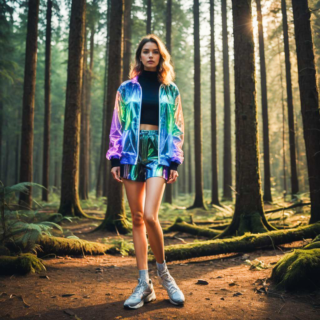 Stylish Woman in Iridescent Jacket in Forest