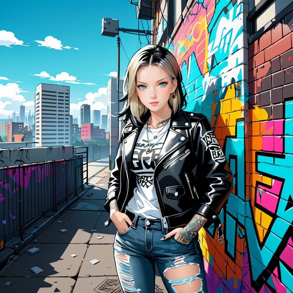 Confident Young Woman in Punk Style Against Graffiti Wall