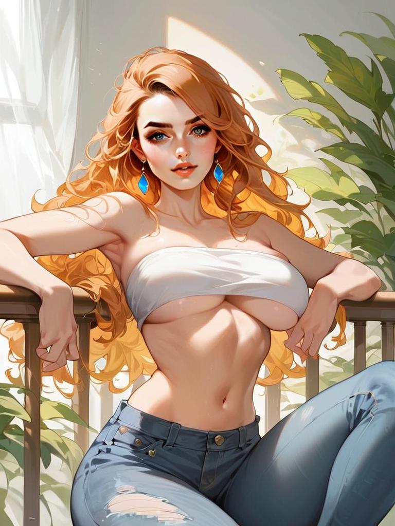 Stylized Anime Woman with Red Hair in Bandeau Top and Ripped Jeans Digital Art