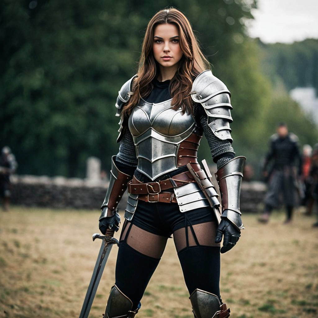 Confident Woman in Medieval Armor with Sword