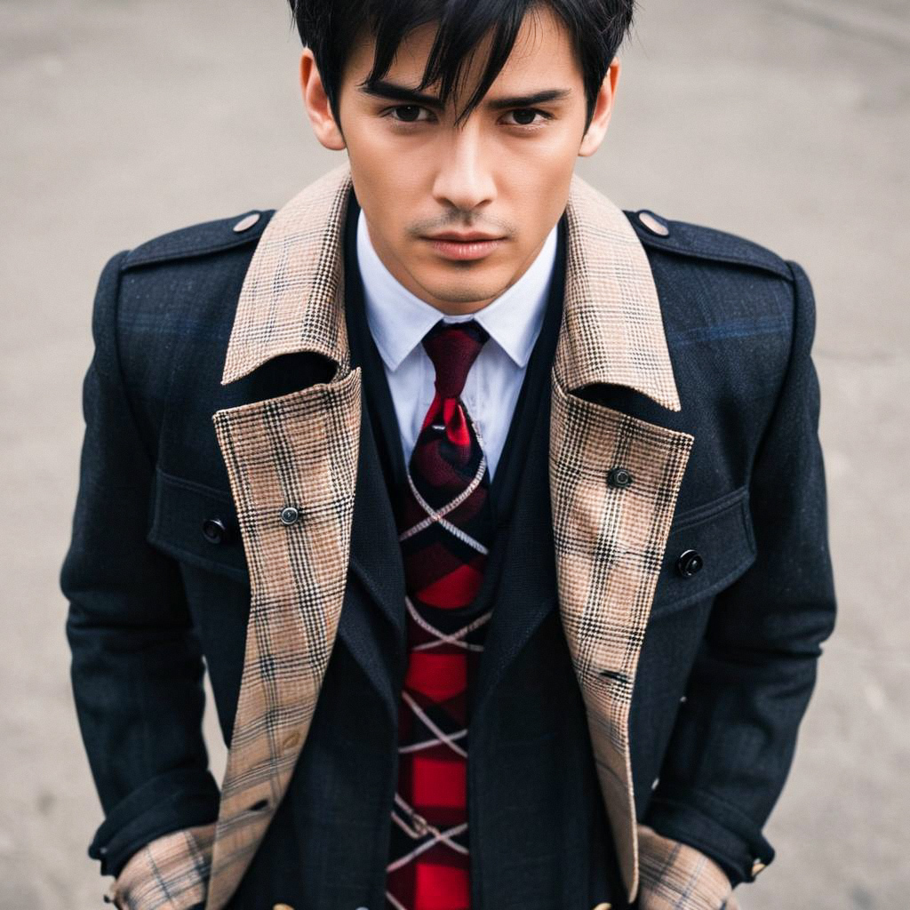 Stylish Young Man in Dark Coat with Plaid Collar