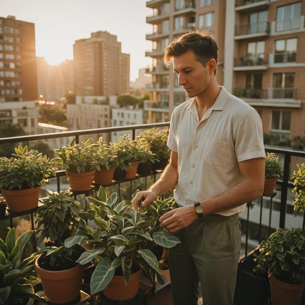 Man Caring for Plants on Sunlit Balcony