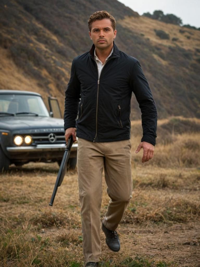 Determined Man in Rugged Landscape with Vintage Car