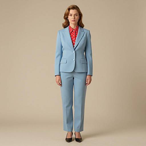 Professional Woman in Tailored Light Blue Suit with Red Polka Dot Blouse