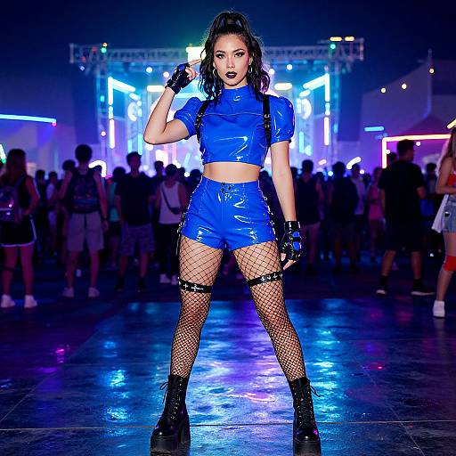 Woman in Blue Latex Outfit with Fishnet Stockings at Night Festival
