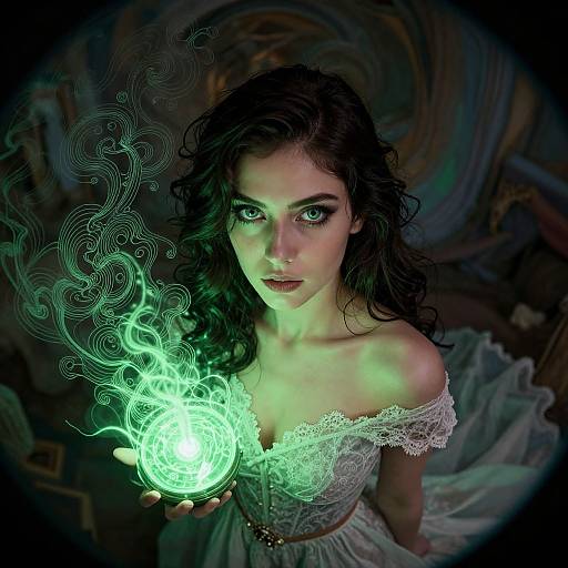 Mystical Woman Holding Glowing Magical Orb with Green Energy Vllm2604082319cxkl