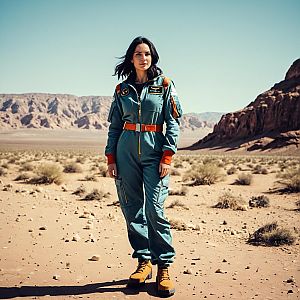 Woman in Astronaut Jumpsuit Standing in Desert Landscape