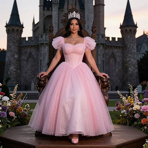 Elegant Woman in Pink Princess Gown with Tiara Sitting on Throne at Castle