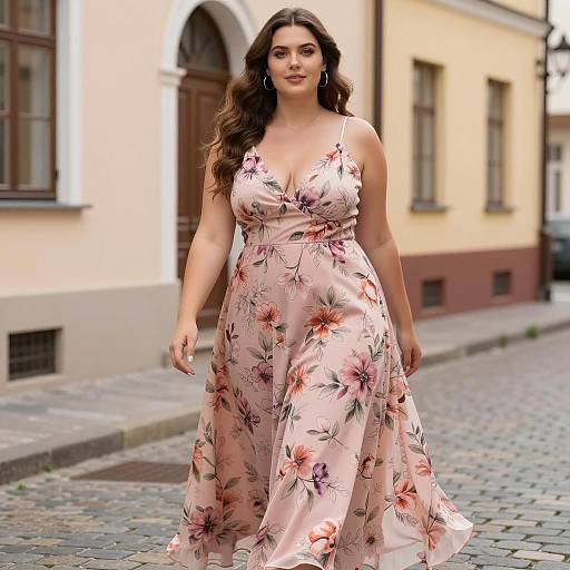 Woman in Floral Pink Dress Walking on Cobblestone Street